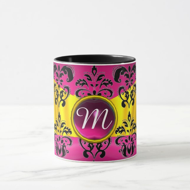 BLACK PINK GOLD FUCHSIA DAMASK GEMSTONE MONOGRAM MUG (Center)