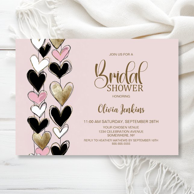 Black Pink Gold Hearts Bridal Shower Invitation (Creator Uploaded)