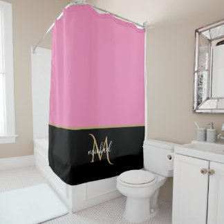 Black | Pink & Gold Monogram Elegant Luxury Shower Curtain