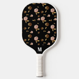 Black Pink Gold Rose Pattern Modern Monogram Pickleball Paddle
