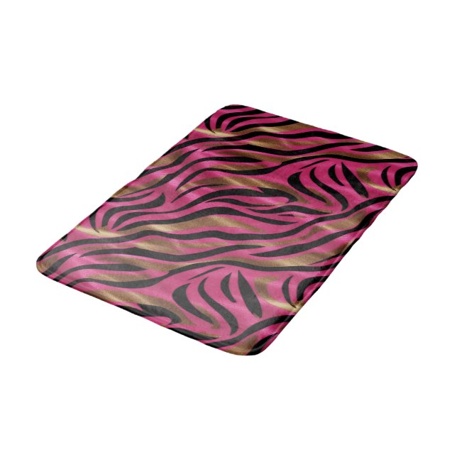 Black Pink Gold Zebra Stripes Animal Print Pattern Bath Mat (Angled)