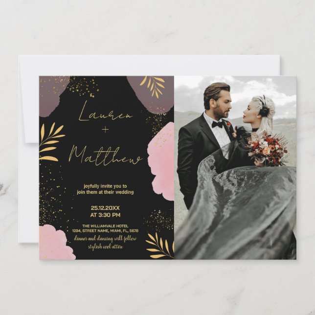 Black Pink Golden Wedding Invitations with photo (Front)