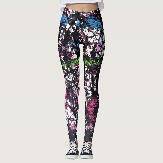 Black, Pink, Green, Blue Marble Artwork Leggings (Front)