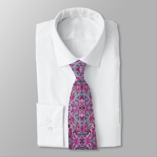 Black Pink Grey Doodle Art Abstract Watercolor Tie (Tied)