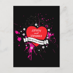 Black & Pink Grungy Heart Music Themed Wedding Announcement Postcard