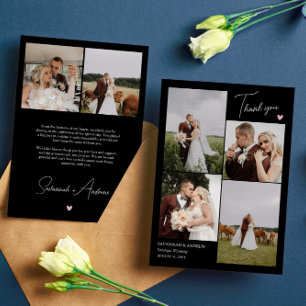 Black Pink Heart Wedding Photos Thank You Note