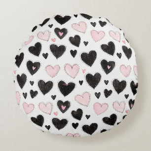 Black Pink Hearts Round Cushion