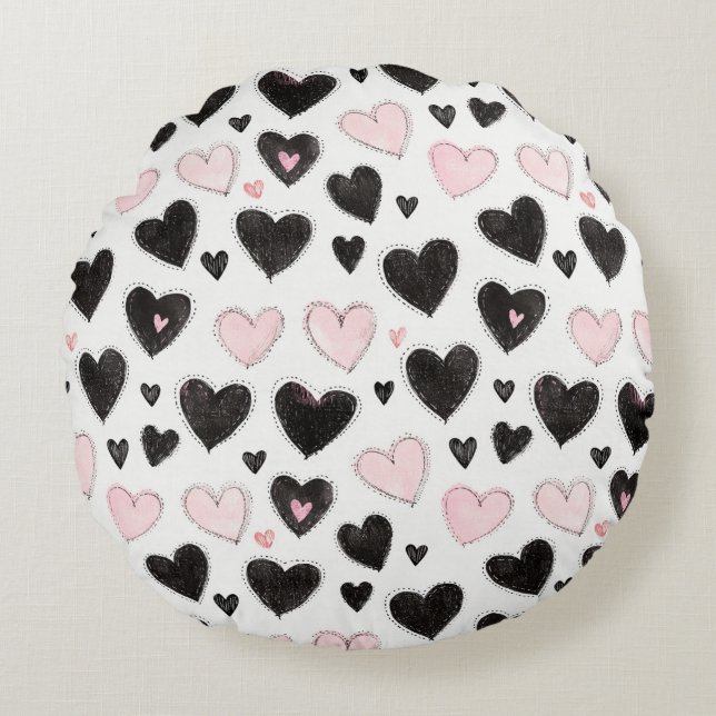 Black Pink Hearts Round Cushion (Front)