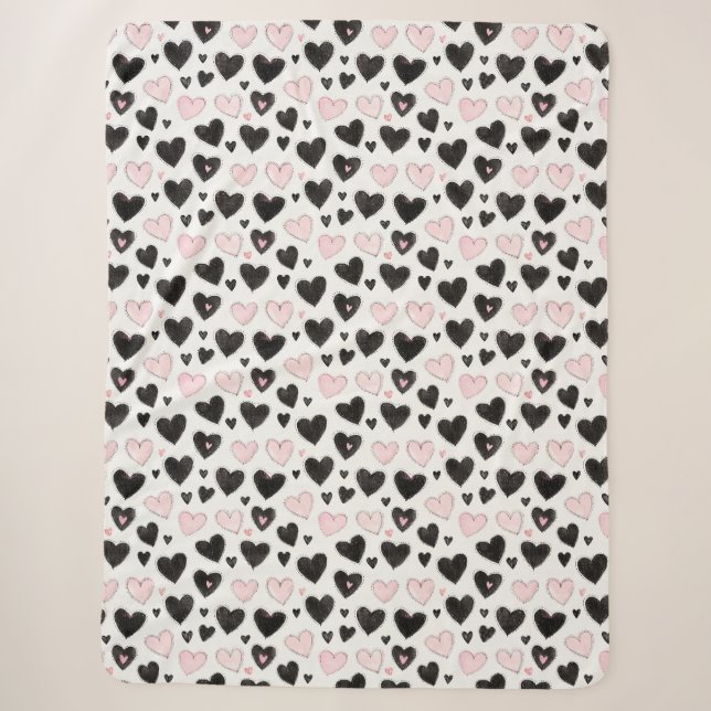 Black Pink Hearts Sherpa Blanket (Front)