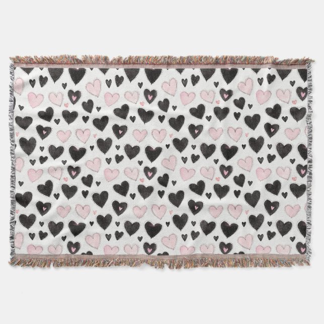 Black Pink Hearts Throw Blanket (Front)