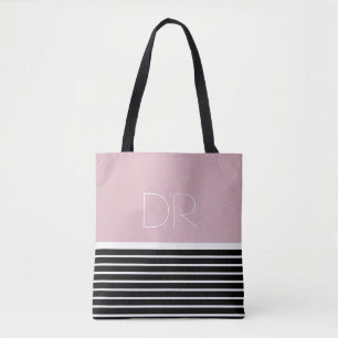 Black Pink horizontal stripes & monogram . elegant Tote Bag