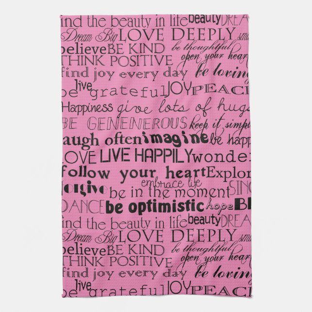 Black Pink Inspirational Words Tea Towel (Vertical)