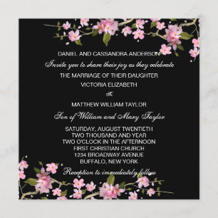 Black Pink Japanese Cherry Blossoms Wedding Invitation