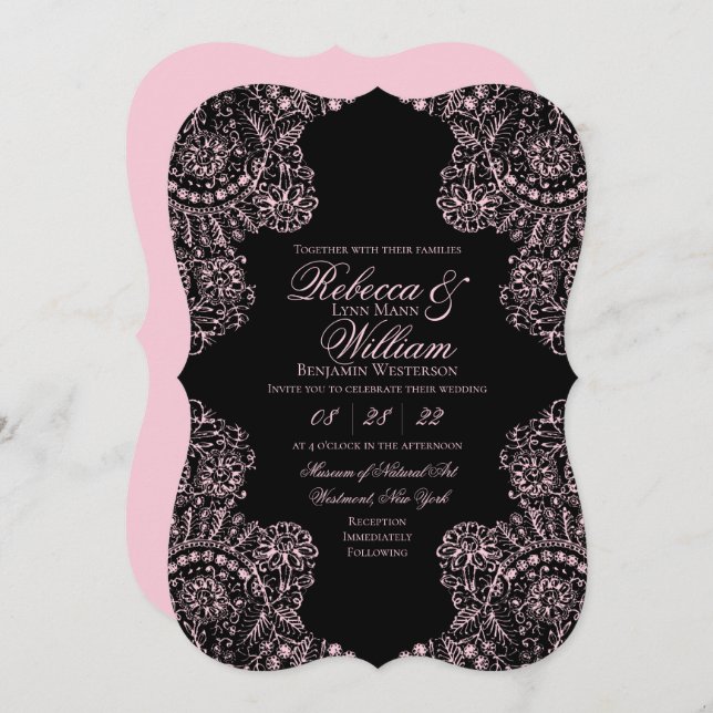 Black Pink Lace Elegant Gothic Wedding Invitation (Front/Back)