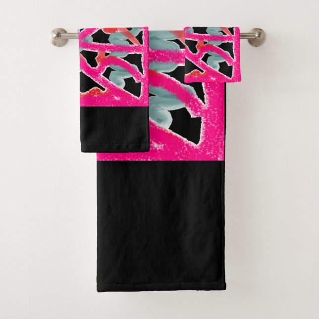 Black pink large patterns fabulous designed shower bath towel set (Insitu)