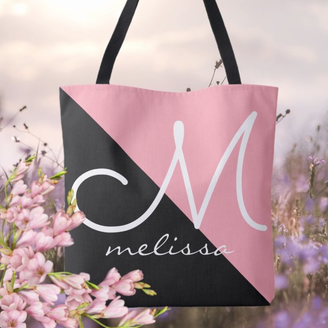 Black & Pink Large Tote Bag With Name Monogram (pink & black modern monogrammed tote)