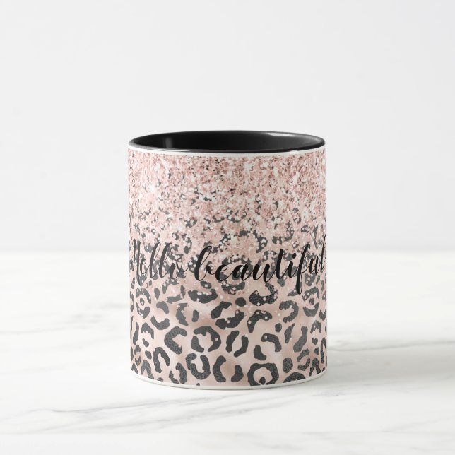 Black Pink Leopard Print Blush Glitter Mug (Center)