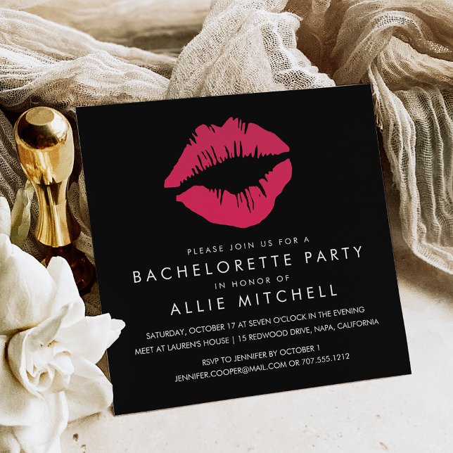 Black & Pink Lips Bachelorette Party Invitation (Creator Uploaded)