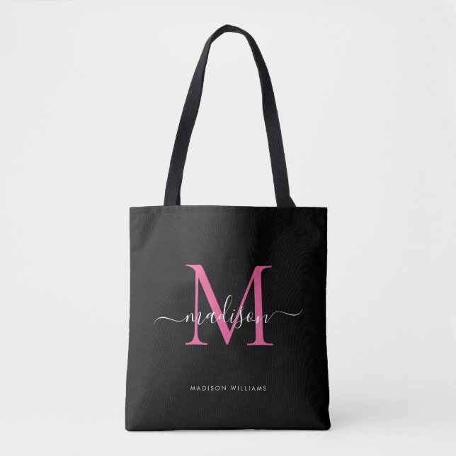 Black PInk Magenta Monogram Script Name Initial Tote Bag (Front)