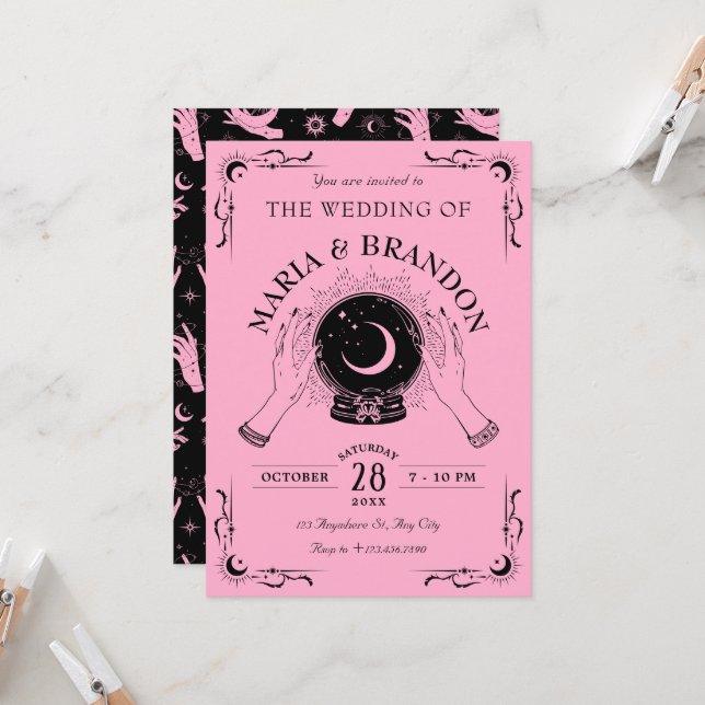 Black pink magic moon crystal ball wedding invitation (Front/Back In Situ)