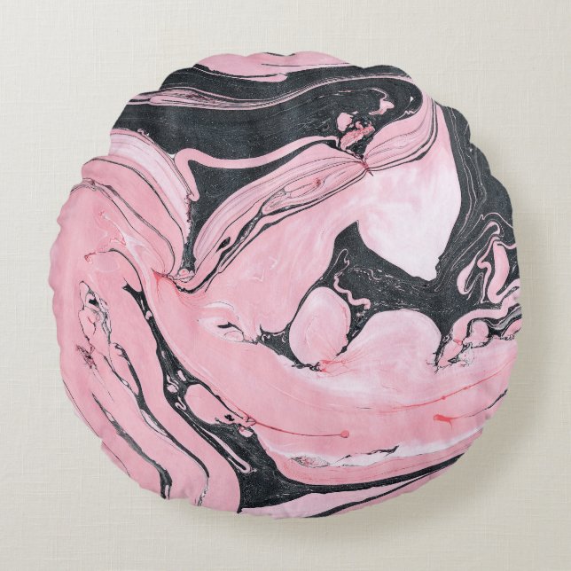 Black Pink Marble: Abstract Art Round Cushion (Front)