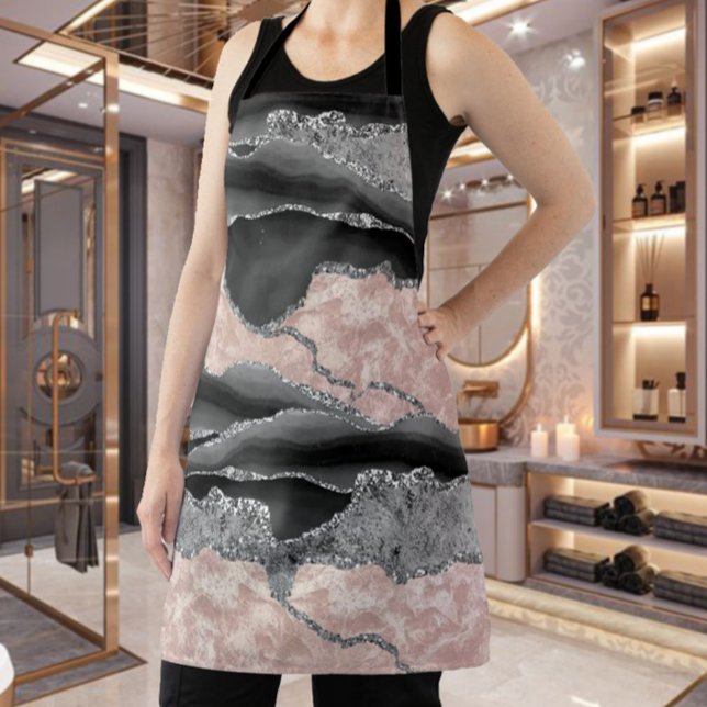 BLACK PINK MARBLE AGATE GOLD GLITTER GLAM  APRON (Creator Uploaded)
