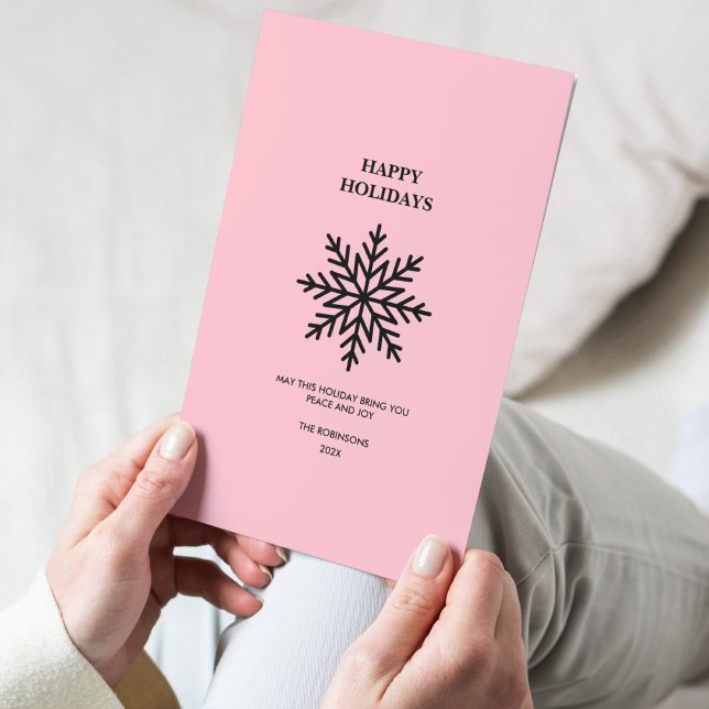 Black Pink Minimalist Snowflake Happy Holiday Card (Creator Uploaded)