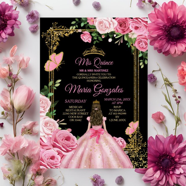 Black Pink Mis Quince 15 Anos Butterfly Gold Crown Invitation (Creator Uploaded)