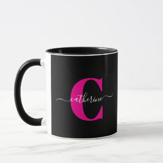 Black Pink Modern Stylish Script Monogram Name Mug