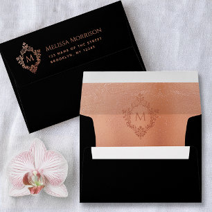 Black Pink Monogram Rose Gold Crest Return Address Envelope