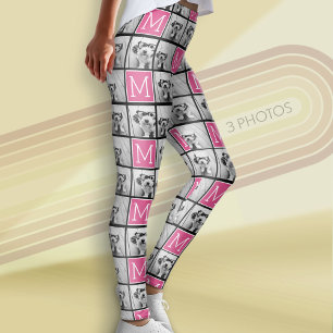 Black Pink Monogram with Custom 3 Photo Collage Leggings
