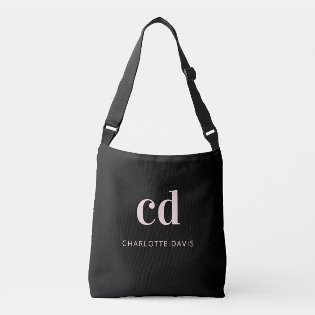 Black pink name monogram simple modern crossbody bag (Front)