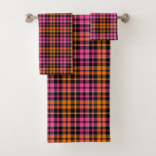 Black Pink Orange Plaid Tartan Design  Bath Towel Set