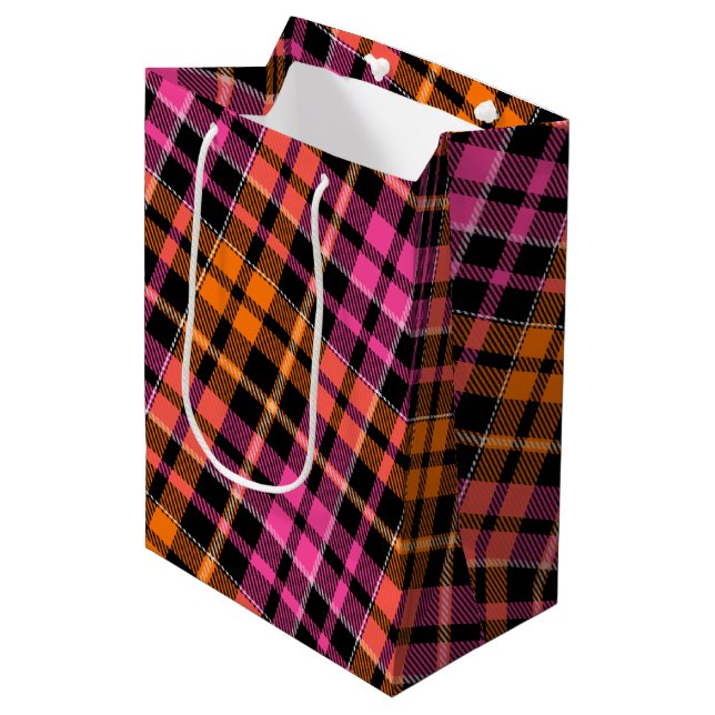 Black Pink Orange Plaid Tartan Design  Medium Gift Bag (Front Angled)