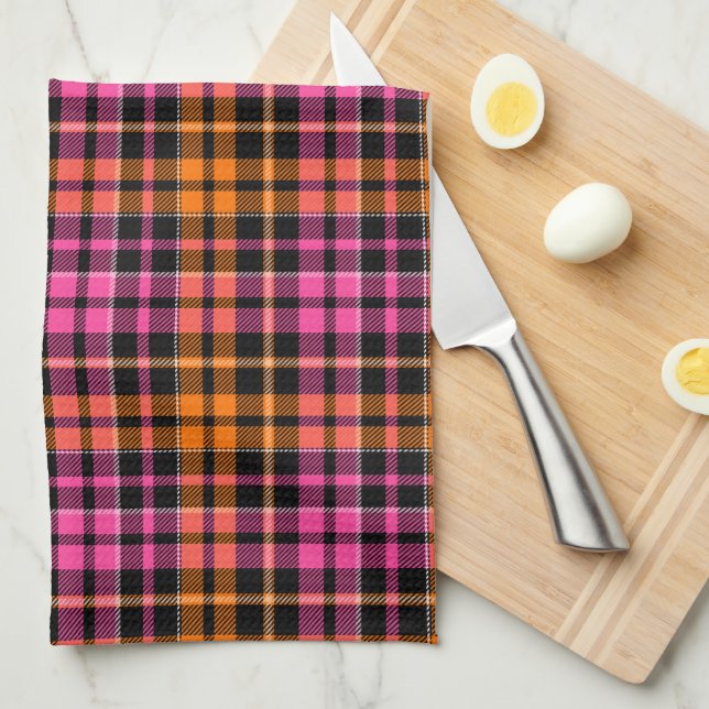 Black Pink Orange Plaid Tartan Design  Tea Towel (Quarter Fold)