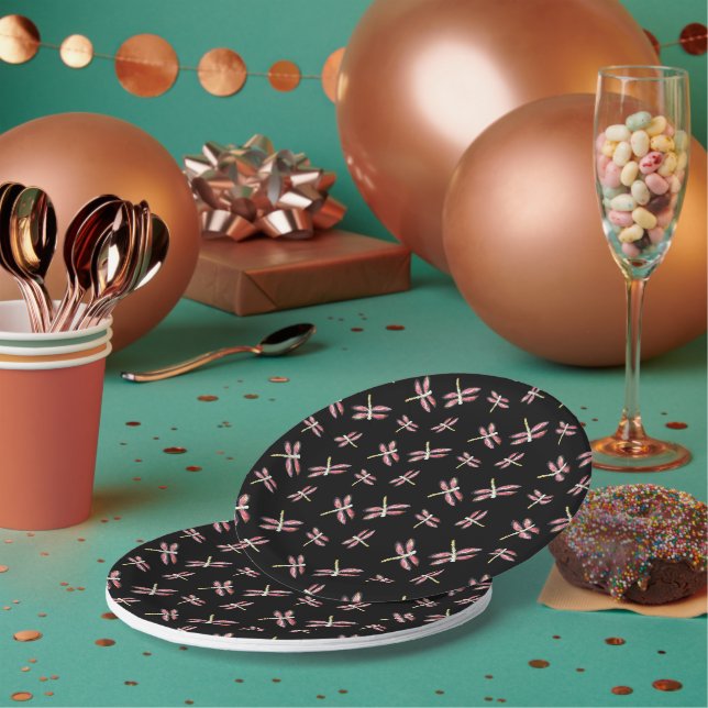 Black, Pink Pattern Dancing Dragonfly Paper Plate (Multi)