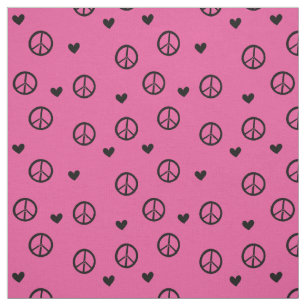 Black Pink Peace Signs and Hearts Fabric