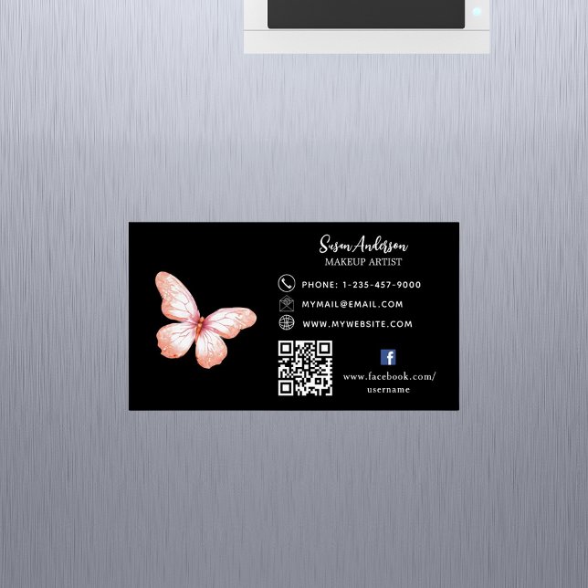 Black pink peach butterfly QR code Facebook Magnetic Business Card (Creator Uploaded)