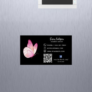 Black pink peach butterfly QR code Facebook Magnetic Business Card