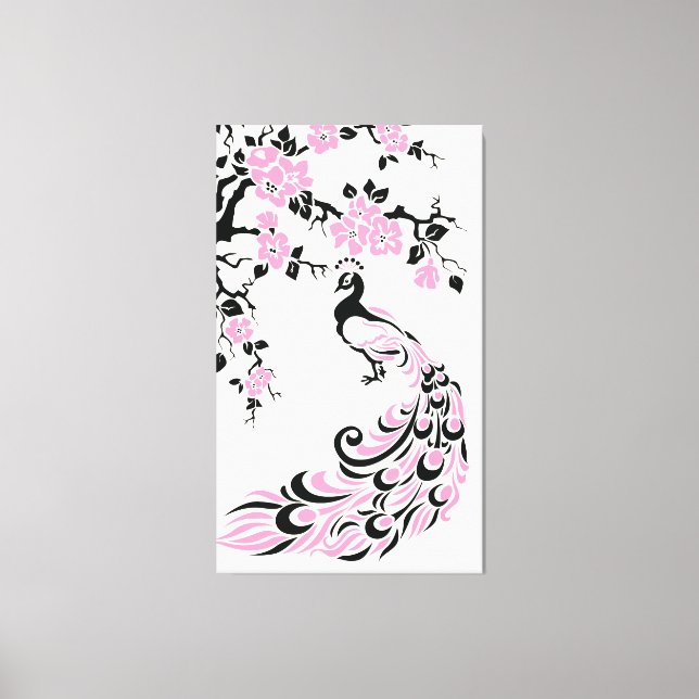 Black, pink peacock and cherry blossoms custom canvas print (Front)