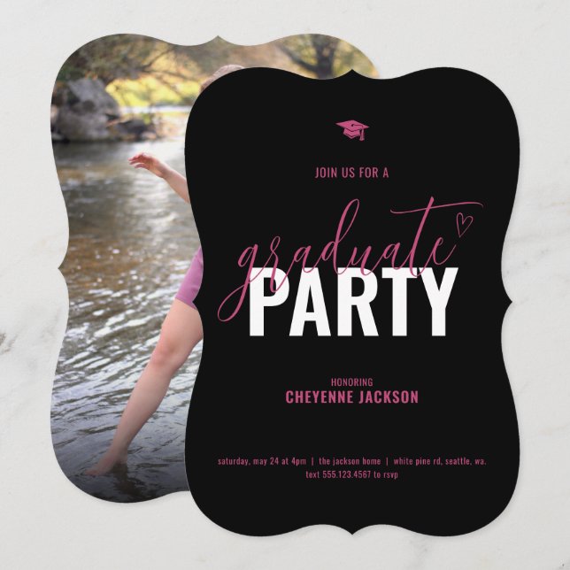 Black & Pink Photo Graduation Party Invitation (Front/Back)