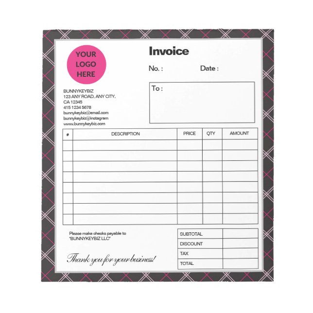 Black Pink Plaid Company Business Shop Invoice Notepad (Front)