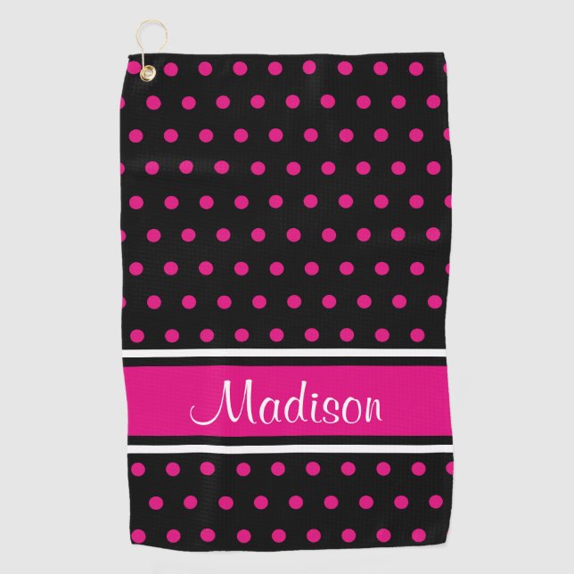 Black Pink Polka Dot Stripe Script Name Golf Towel (Front)