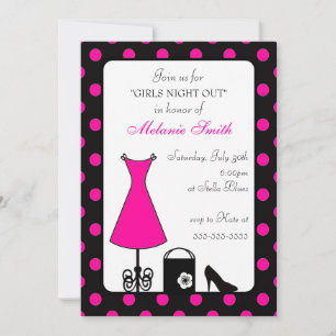 Black Pink Polka Dots Girls Night Out Pink Dress Invitation