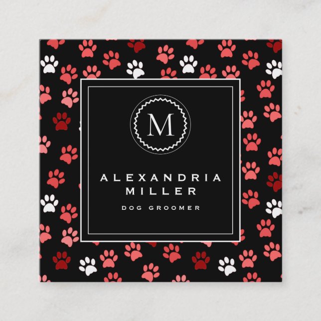 Black & Pink Puppy Dog Paw Prints | Monogram Square Business Card (Front)