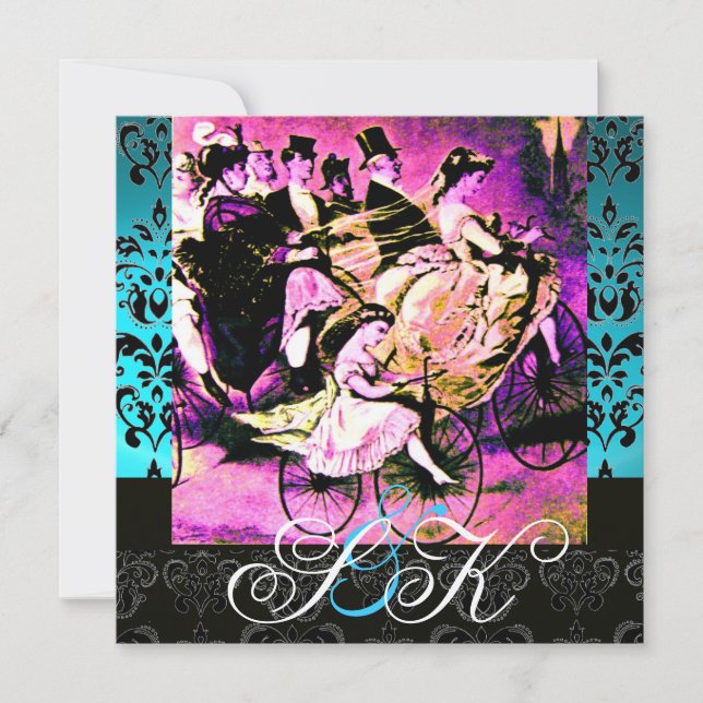 BLACK PINK PURPLE BICYCLE WEDDING DAMASK MONOGRAM INVITATION (Front)