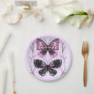 Black, Pink, Purple Butterflies Paper Plate