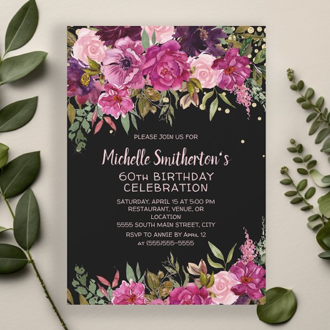 Black Pink Purple Floral Glitter 60th Birthday Invitation (Black 60th birthday party invitation with pink and purple floral and gold glitter)