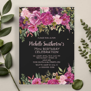 Black Pink Purple Floral Glitter 75th Birthday Invitation