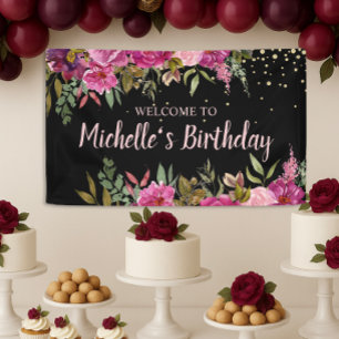 Black Pink Purple Floral Gold Glitter Birthday Banner